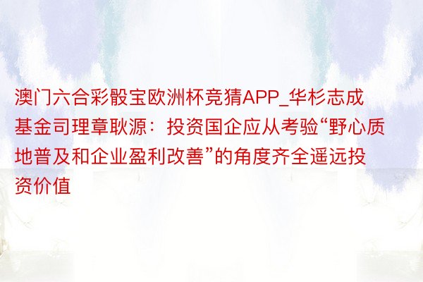 澳门六合彩骰宝欧洲杯竞猜APP_华杉志成基金司理章耿源：投资国企应从考验“野心质地普及和企业盈利改善”的角度齐全遥远投资价值
